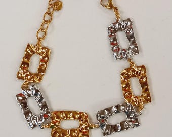 Hammered Stainless steel Rectangle Link Bracelet Gold and Silver Two Tone jewelry