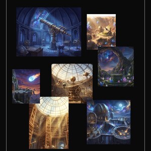 May include: A collection of 25 digital cosmic backdrops titled CELESTIAL OBSERVATORY. The images feature various scenes including a telescope in a domed room, a planetary model, a library with a glass ceiling, and outdoor observatory structures.