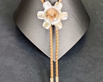 Stone bolo tie Silver Flower with Sagenite Agate light brown Tan Western Suit Accessory