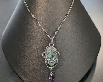 Blue aquamarine crystal chainmail pendant necklace with purple amethyst Crystal Jewelry
