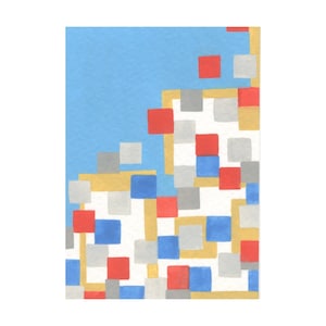 Original miniatura gouache pintura artista tarjeta de comercio ACEO 2.5 "x 3.5" colores primarios geométricos con gris rojo azul amarillo cuadrados arte moderno