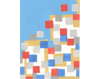 Original miniature gouache painting artist trading card ACEO 2.5"x3.5" geometric primary colors with gray red blue yellow squares modern art