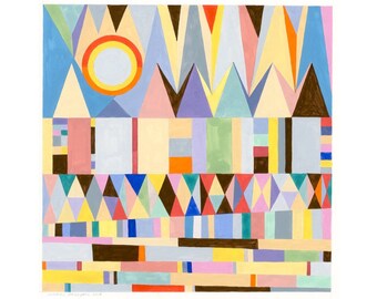 Geometric Landscape: archival print of original gouache painting abstract modern art colorful wall decor