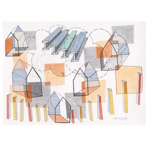 Choose Original or Print: drawing illustration architecture geometry structure orange yellow blue red green grey 3-D abstract modern art