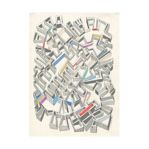 Mittelalterliche ein: Archiv-Druck von original Mischtechnik Zeichnung Beige grau schwarz rot gelb blau grün violett architektonische 3D Formen modern