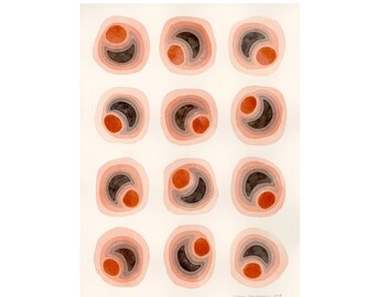 Original watercolor abstract modern art wall decor red orange grey grid circles crescent shapes pattern