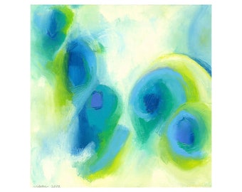 Green Blue Radar, Original 12&quot;x12&quot; abstract oil painting on stretched canvas contemporary modern art blue green yellow white expressionist