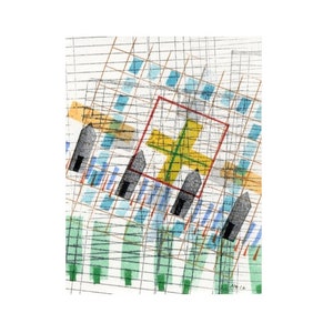 Original miniature ink artwork on paper 02, 3&quot;x4&quot; abstract geometric architectural blue green yellow red grey black houses