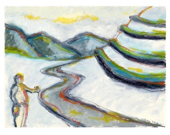 Hitchhiker, Original Mixed Media painting Modern Art, 9"x12", oil and graphite on paper abstract landscape