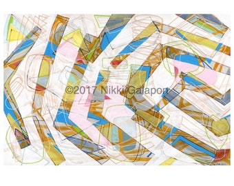 Birthday: archival PRINT of original abstract expressionist painting modern art white blue yellow green pink red gray orange