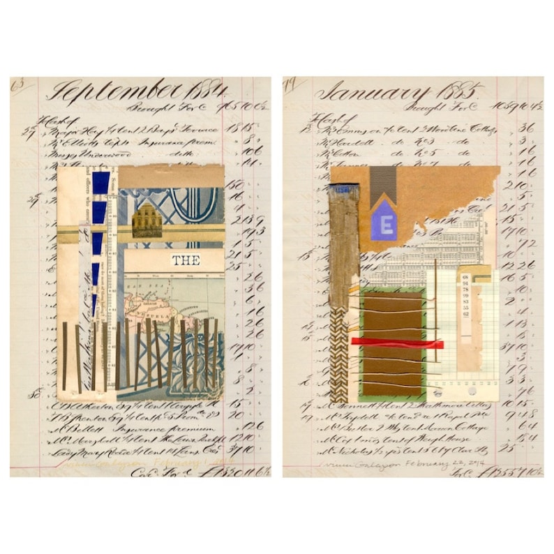 May include: Two mixed media art pieces on aged ledger paper. The left piece says "THE" and features a map and architectural elements. The right piece has a blue "E" in a house shape. Both have layered textures and colors.