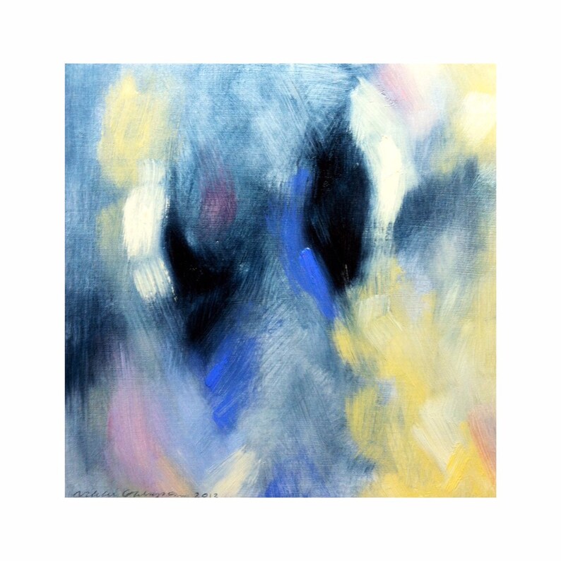 Blue Shadow original abstract oil painting on wood blue white cream pink periwinkle modern art