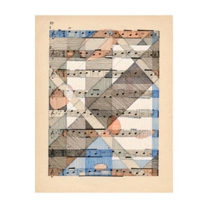 original art work on vintage sheet music geometric modern art beige black white orange blue sepia line drawing