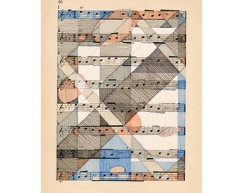 original art work on vintage sheet music geometric modern art beige black white orange blue sepia line drawing