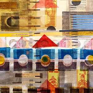 Abstract mixed media collage modern art beige tan red yellow blue black grey geometric shapes image 2