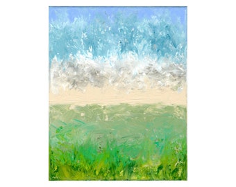 Original abstract landscape on stretched canvas 8"x10" blue beige turquoise white gray green yellow