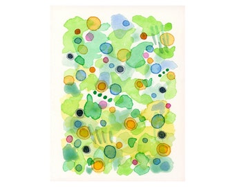 Moments 01: original watercolor abstract modern art 4.25"x5.5" bright colorful green turquoise blue yellow orange pink