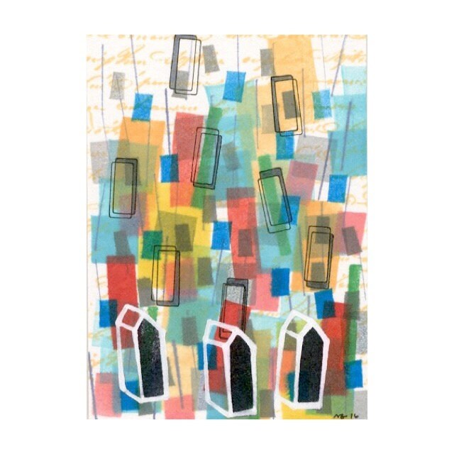 Colorful original ACEO 02 abstract geometric shapes and houses artist trading card