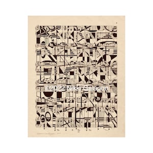 May include: Abstract musical composition art print on aged paper. The artwork features a complex arrangement of musical notes, lines, and geometric shapes in black and white. The print includes the artist's signature and copyright information.