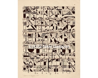 Puede incluir: Impresión artística de composición musical abstracta sobre papel envejecido. La obra presenta una compleja disposición de notas musicales, líneas y formas geométricas en blanco y negro. La impresión incluye la firma del artista e información de derechos de autor.