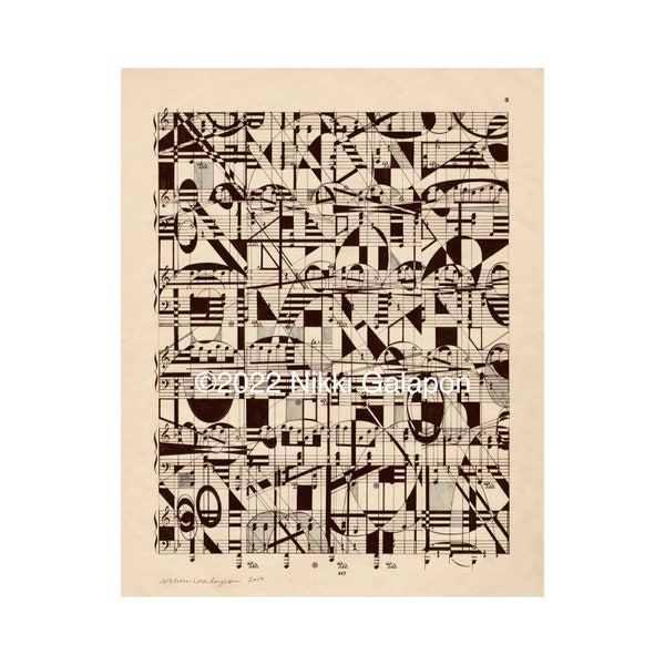 Graphic Notes: archival giclee print of original artwork modern geometric art on vintage sheet music