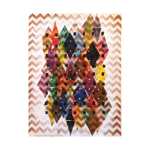Original mixed media geometric modern art, diamonds triangles chevron sepia brown orange blue green red yellow white purple black pattern