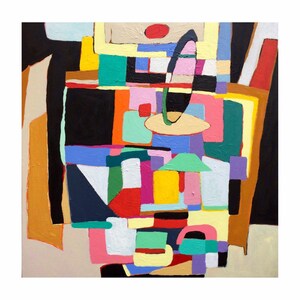 May include: Abstract painting with geometric shapes in various colors, including red, green, blue, yellow, pink, and black. The shapes are layered and overlapping, creating a sense of depth and movement.