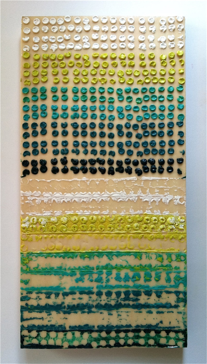6 x 12 original Encaustic painting on wood Citron Turquoise original modern art green yellow turquoise blue white beige circles dots
