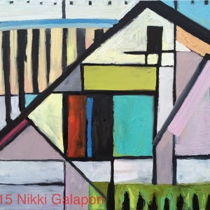 House: original abstract oil painting modern art 40x30 inches on stretched linen geometric bold multi-color Nikki Galapon architectural image 7