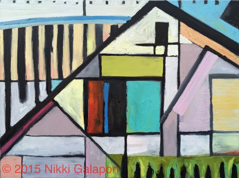 House: original abstract oil painting modern art 40x30 inches on stretched linen geometric bold multi-color Nikki Galapon architectural image 7