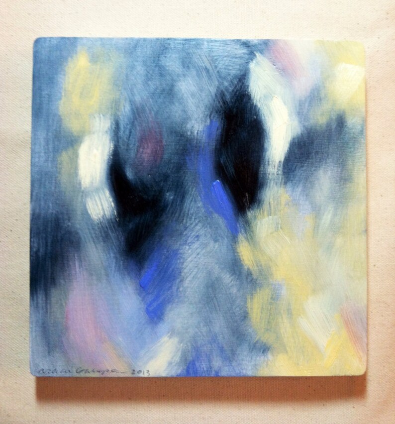 Blue Shadow original abstract oil painting on wood blue white cream pink periwinkle modern art