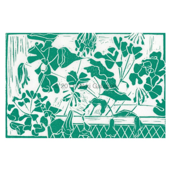 Green Geraniums: 8.5"x11", 13"x19" or 17"x22" archival print of original linocut