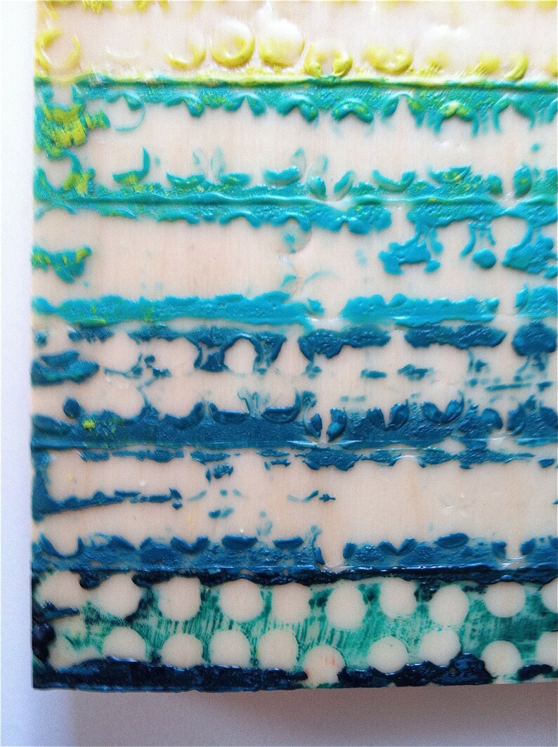 6 x 12 original Encaustic painting on wood Citron Turquoise original modern art green yellow turquoise blue white beige circles dots