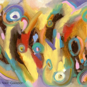 May include: Abstract painting with a yellow, brown, blue, green, and pink color scheme. The painting features a variety of swirling shapes and circles.