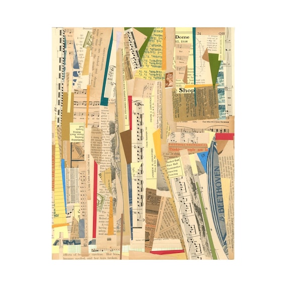 Collage Two: Archival PRINT of original collage with vintage papers book pages mixed media abstract modern art music type beige tan