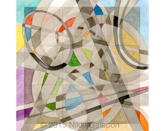 ARCHIV-DRUCK der abstrakten geometrischen Aquarell Malerei modern Dekor Kunst grau rot orange gelb grün blau lila magenta braun sepia Ovale