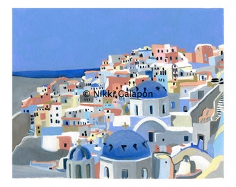 Santorini: archival PRINT of original oil painting modern art blue white grey terra cotta beige Greece city hill town Europe architecture