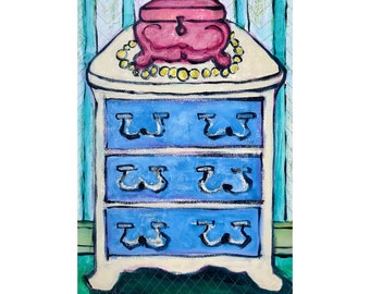 My Perfectly Organized Life: original oil painting on paper, 18"x24" pink blue green yellow dresser drawers interior design furniture art