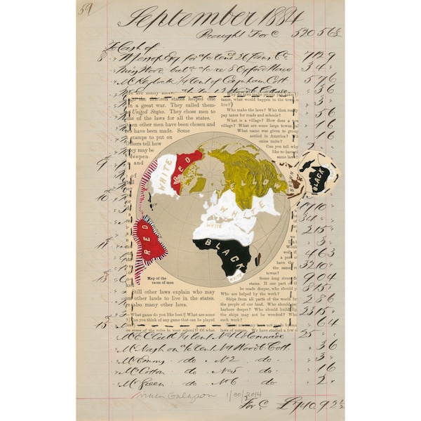 Page 59: original mixed media collage antique ledger page red, yellow, brown, beige, tan, grey, white, black world map stitched book art