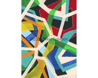 210802 01 Original acrylic painting on canvas panel, 5"x7" abstract geometric modern art bold primary colors red blue yellow orange green