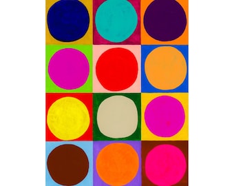 May include: A colourful abstract painting featuring nine circles of varying colours arranged in a grid pattern. The circles are painted in shades of blue, green, red, orange, yellow, pink, purple, brown, and white.