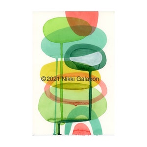 Green Red Yellow 01: Original watercolor painting 7.5&quot;x11&quot; abstract expressionist modern art overlapping shapes with paint drips