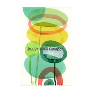 Green Red Yellow 02: Original watercolor painting 7.5&quot;x11&quot; abstract expressionist modern art overlapping shapes with paint drips