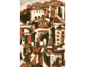 Inspiré par la Maremme : impression giclée d'archives de 12 x 18 po. de la peinture originale expressionniste abstrait paysage urbain de la colline de la ville de sienne brûlée