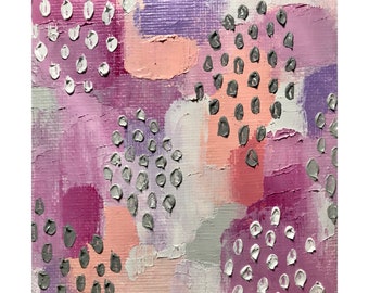 Original oil painting on mini stretched canvas 4”x4” abstract modern art peach pink purple gray lavender
