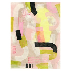 May include: Abstract painting with geometric shapes in shades of pink, yellow, green, and black. The painting has a textured surface and a modern style.