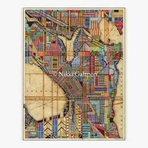 Seattle Washington City Map Art Print: gearchiveerde giclee-reproductie van originele stadsplattegrond kunst meerkleurige moderne kunst geometrische vormen