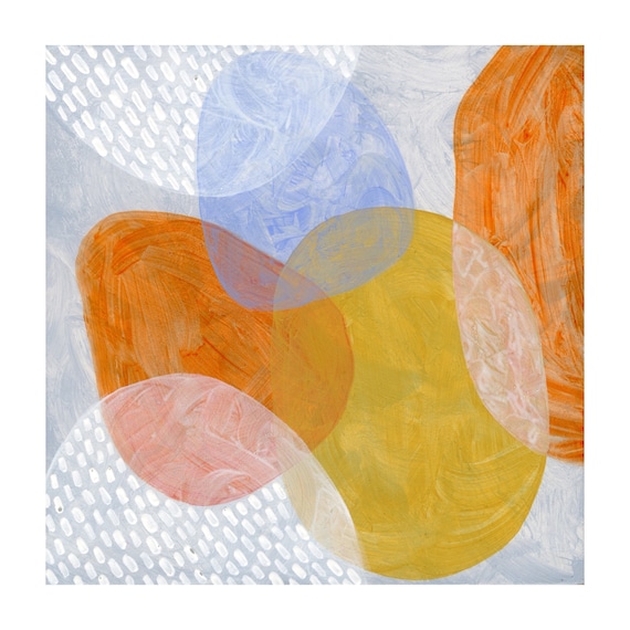 Veil: original abstract oil painting 6”x6” modern art geometric oval shapes gray blue white orange yellow