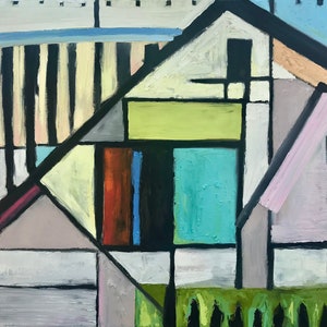 House: original abstract oil painting modern art 40x30 inches on stretched linen geometric bold multi-color Nikki Galapon architectural image 2