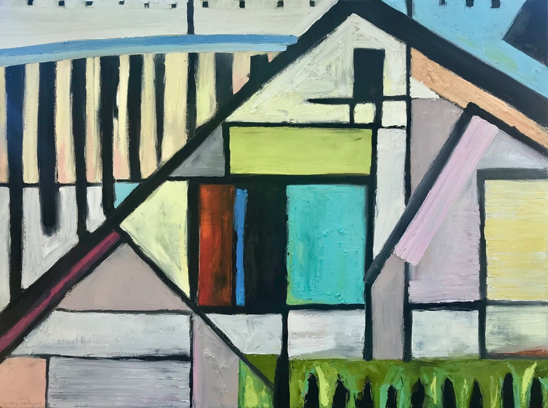 House: original abstract oil painting modern art 40x30 inches on stretched linen geometric bold multi-color Nikki Galapon architectural image 2